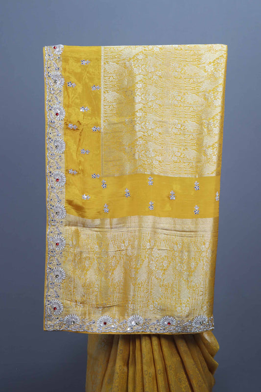 Mustard Yellow Silk Saree Embroidered Border Motifs Traditional Saree