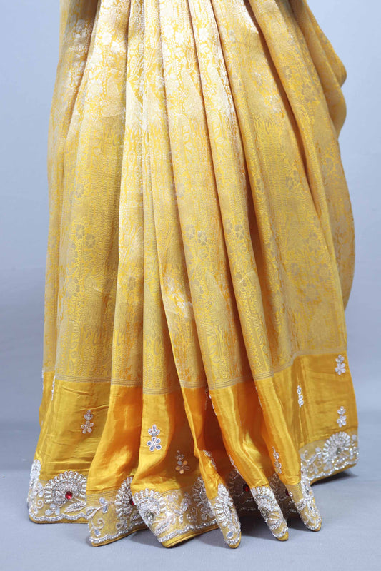Mustard Yellow Silk Saree Embroidered Border Motifs Traditional Saree