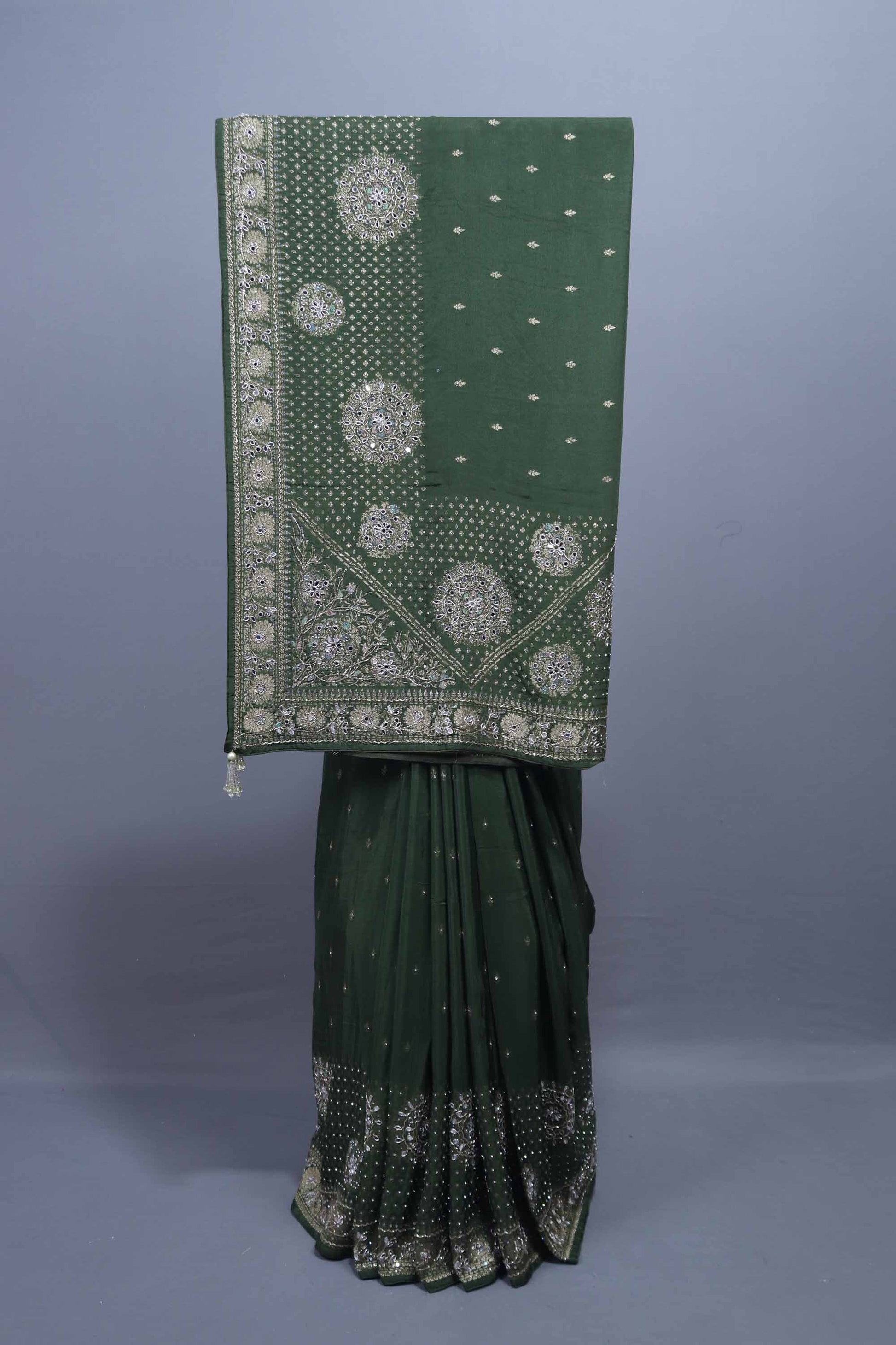 Green Embroidered Silk Saree with Zari Motifs Traditional Saree