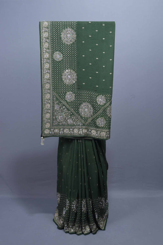 Green Embroidered Silk Saree with Zari Motifs Traditional Saree