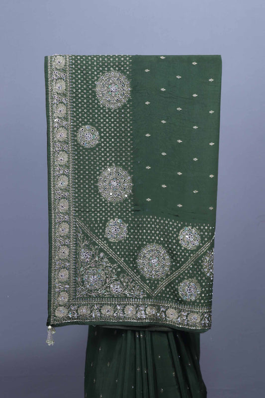 Green Embroidered Silk Saree with Zari Motifs Traditional Saree