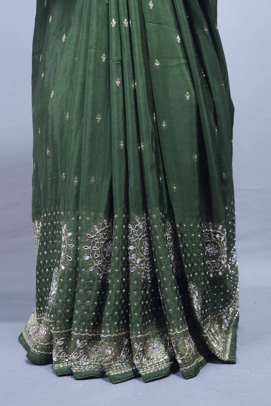 Green Embroidered Silk Saree with Zari Motifs Traditional Saree