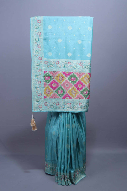 Sky Blue Silk Saree Multicolor Printed Floral Border Traditional Saree 