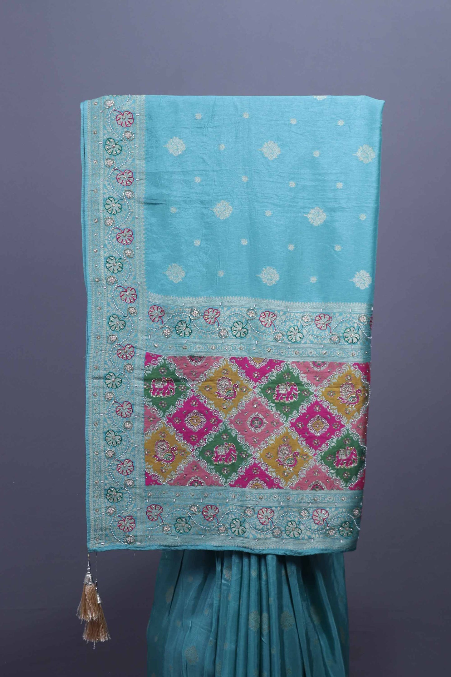 Sky Blue Silk Saree Multicolor Printed Floral Border Traditional Saree