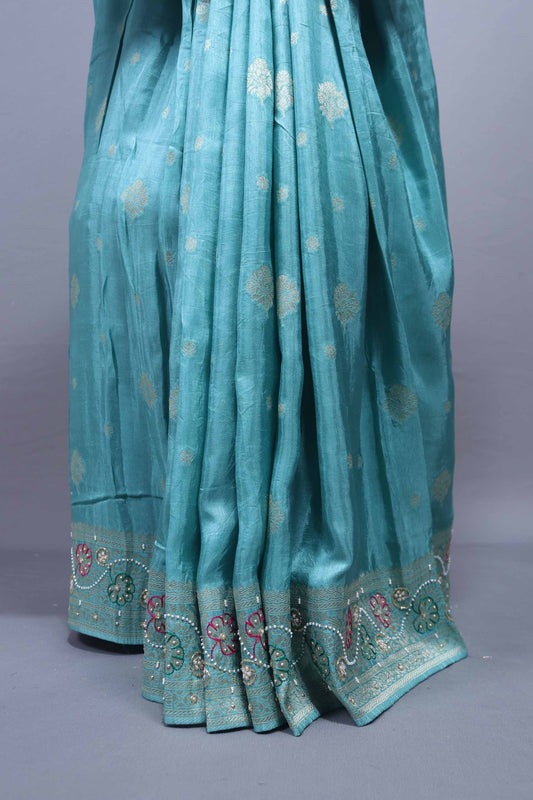 Sky Blue Silk Saree Multicolor Printed Floral Border Traditional Saree