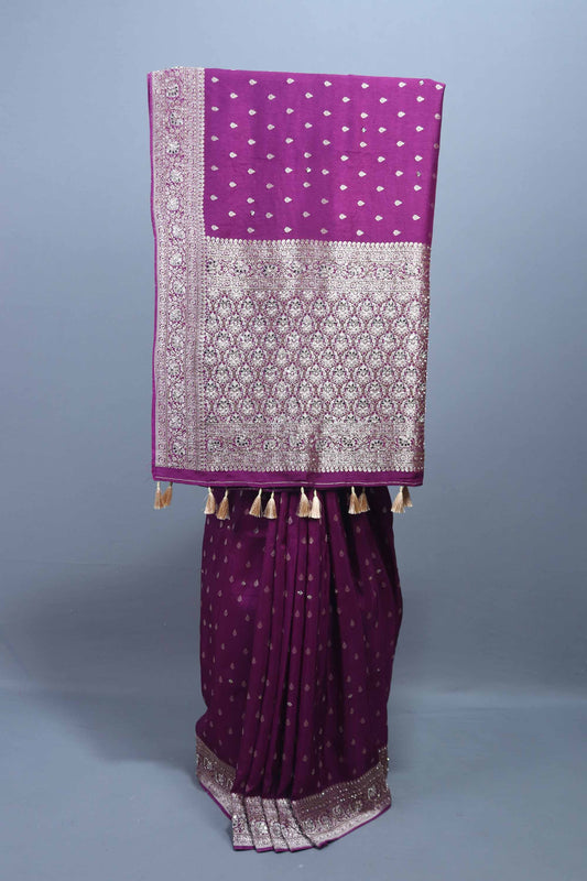 Wine Purple Silk Saree with Heavy Zari Woven Pallu Tassel Border