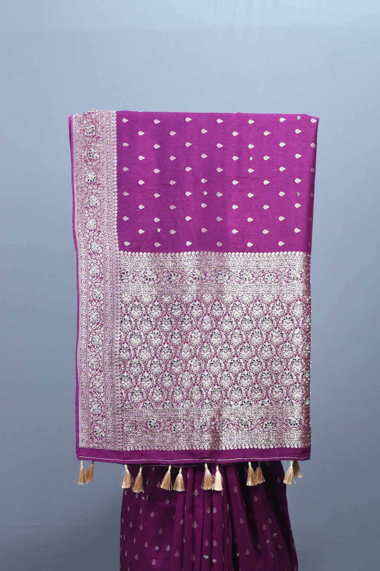 Wine Purple Silk Saree with Heavy Zari Woven Pallu Tassel Border