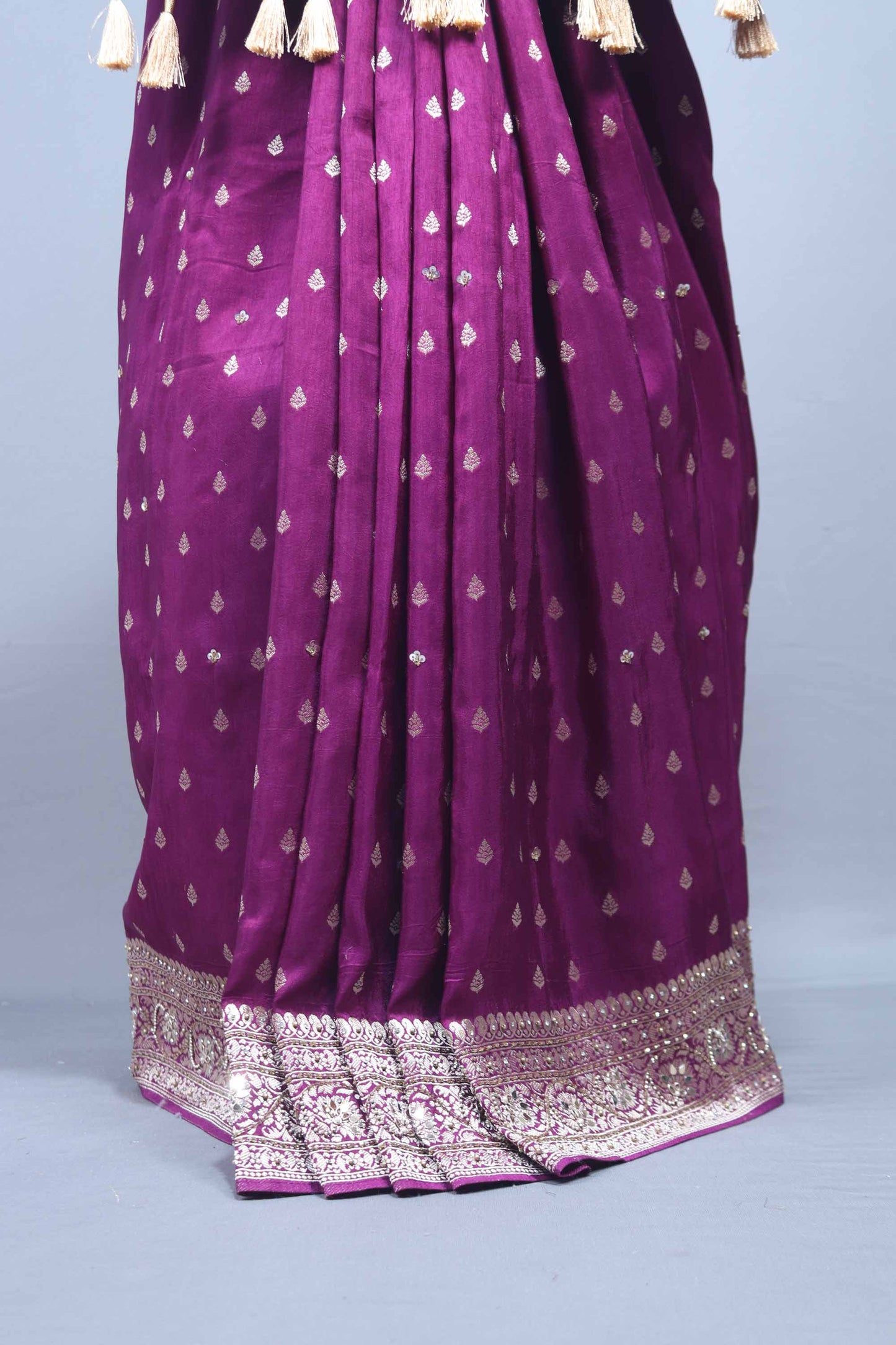 Wine Purple Silk Saree with Heavy Zari Woven Pallu Tassel Border