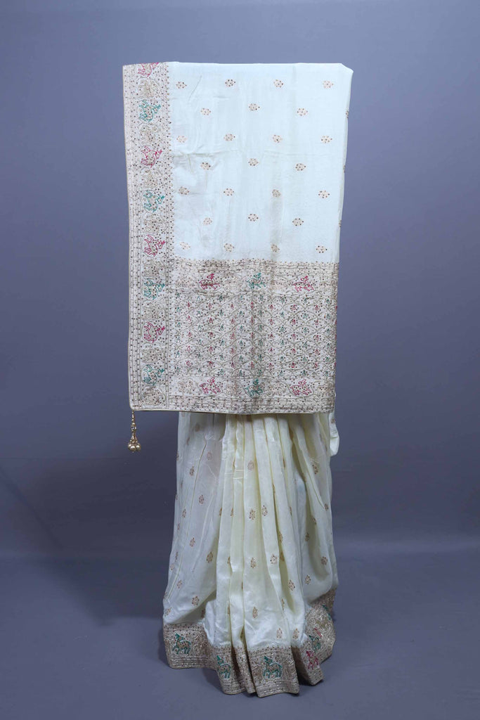 Ivory White Silk Saree with Traditional Animal Motif Border Zari Work