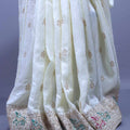 Ivory White Silk Saree with Traditional Animal Motif Border Zari Work