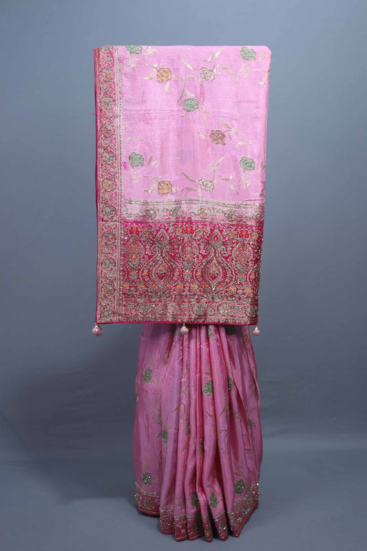 Pink Silk Saree with Heavy Zari Embroidered Pallu Floral Motifs