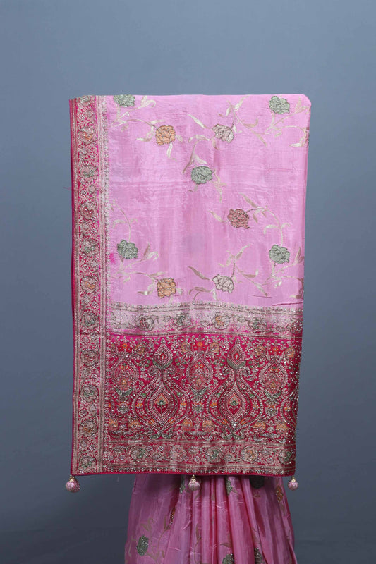 Pink Silk Saree with Heavy Zari Embroidered Pallu Floral Motifs