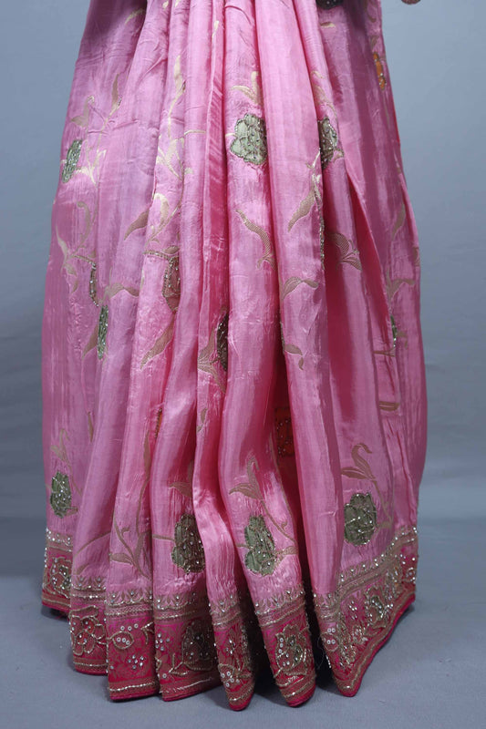 Pink Silk Saree with Heavy Zari Embroidered Pallu Floral Motifs