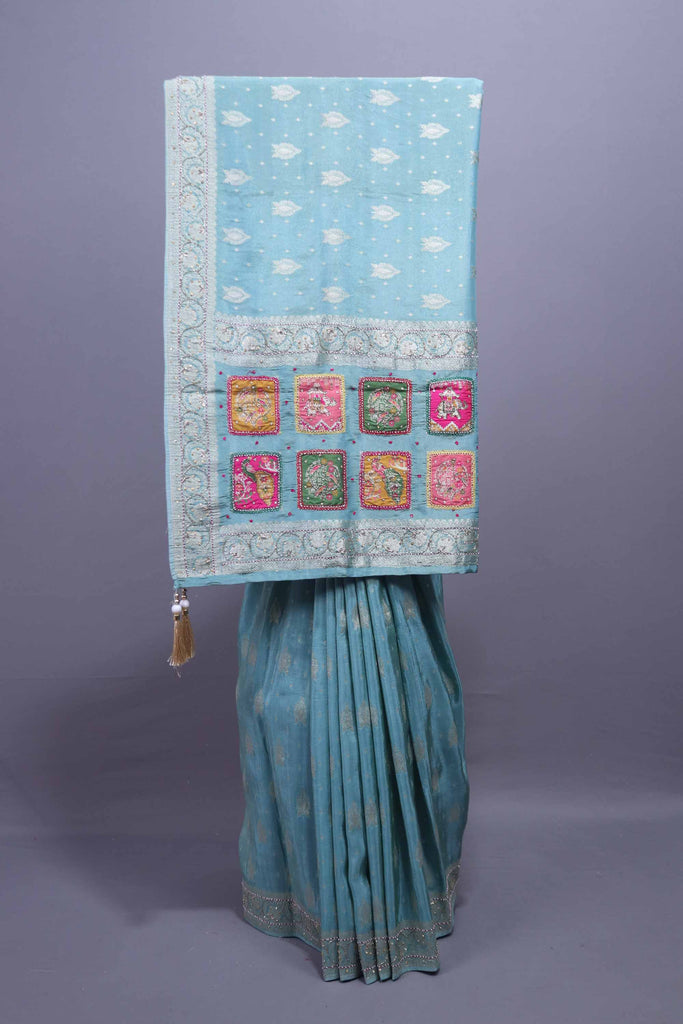 Sky Blue Embroidered Chiffon Saree with Designer Pallu Elegant Border