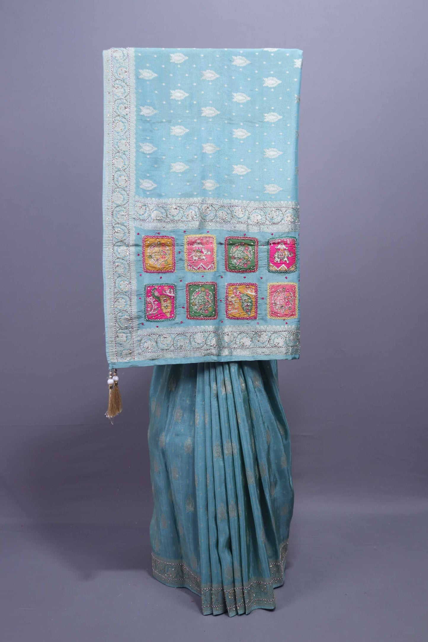 Sky Blue Embroidered Chiffon Saree with Designer Pallu Elegant Border