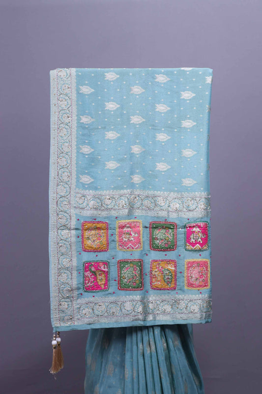 Sky Blue Embroidered Chiffon Saree with Designer Pallu Elegant Border