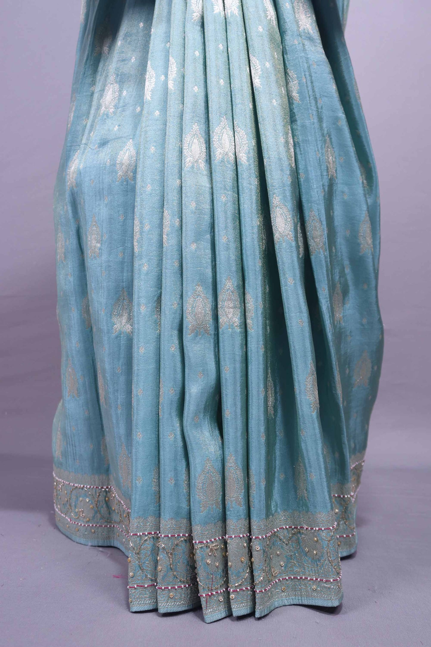 Sky Blue Embroidered Chiffon Saree with Designer Pallu Elegant Border