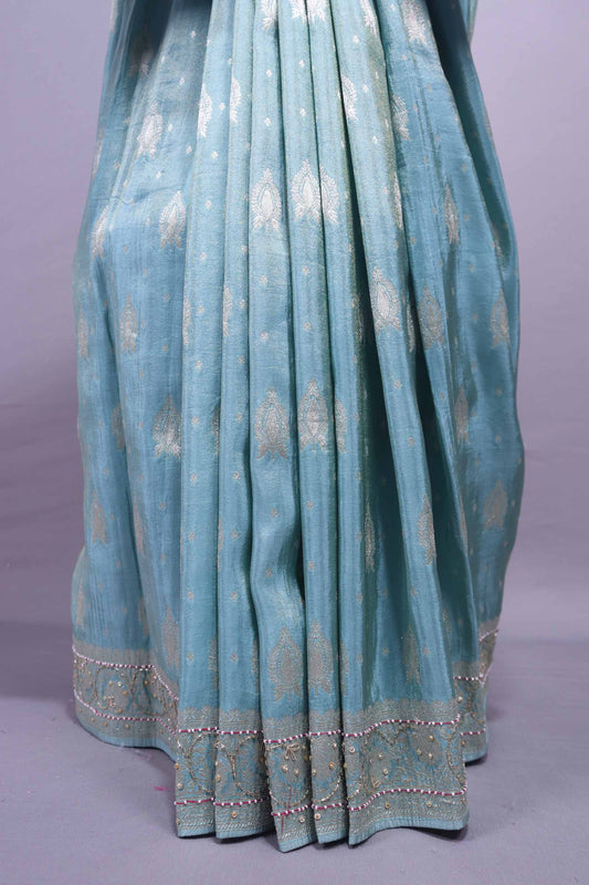 Sky Blue Embroidered Chiffon Saree with Designer Pallu Elegant Border