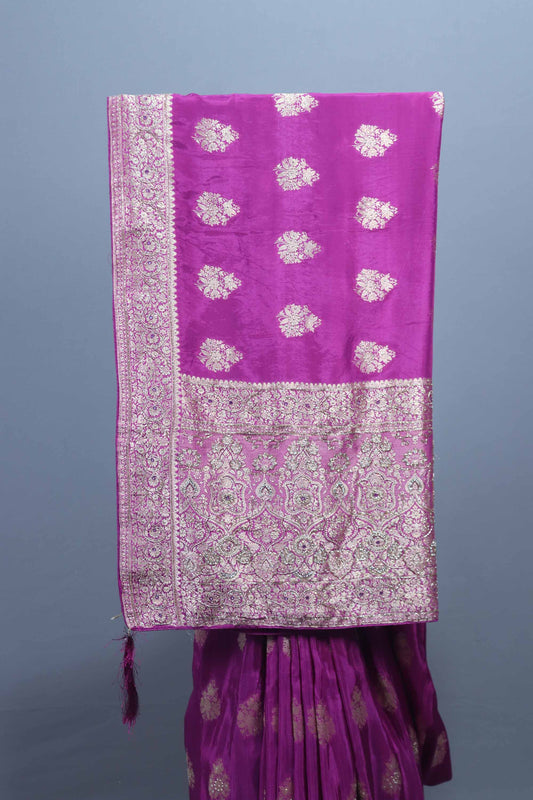 Magenta Purple Embroidered Chiffon Saree with Heavy Designer Pallu