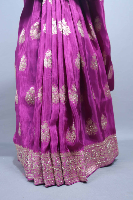 Magenta Purple Embroidered Chiffon Saree with Heavy Designer Pallu