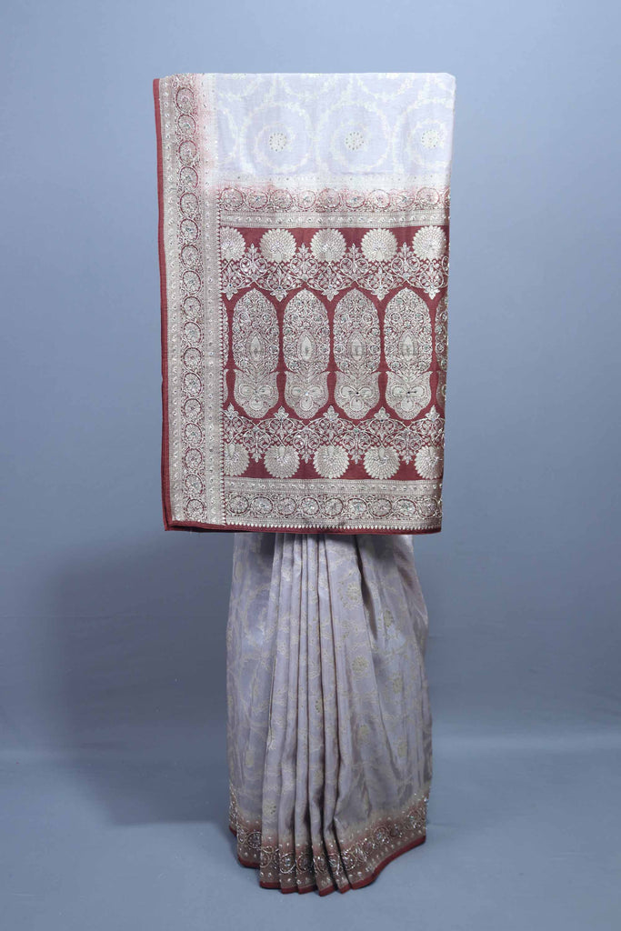 Off White Maroon Embroidered Chiffon Saree with Heavy Traditional Pallu 