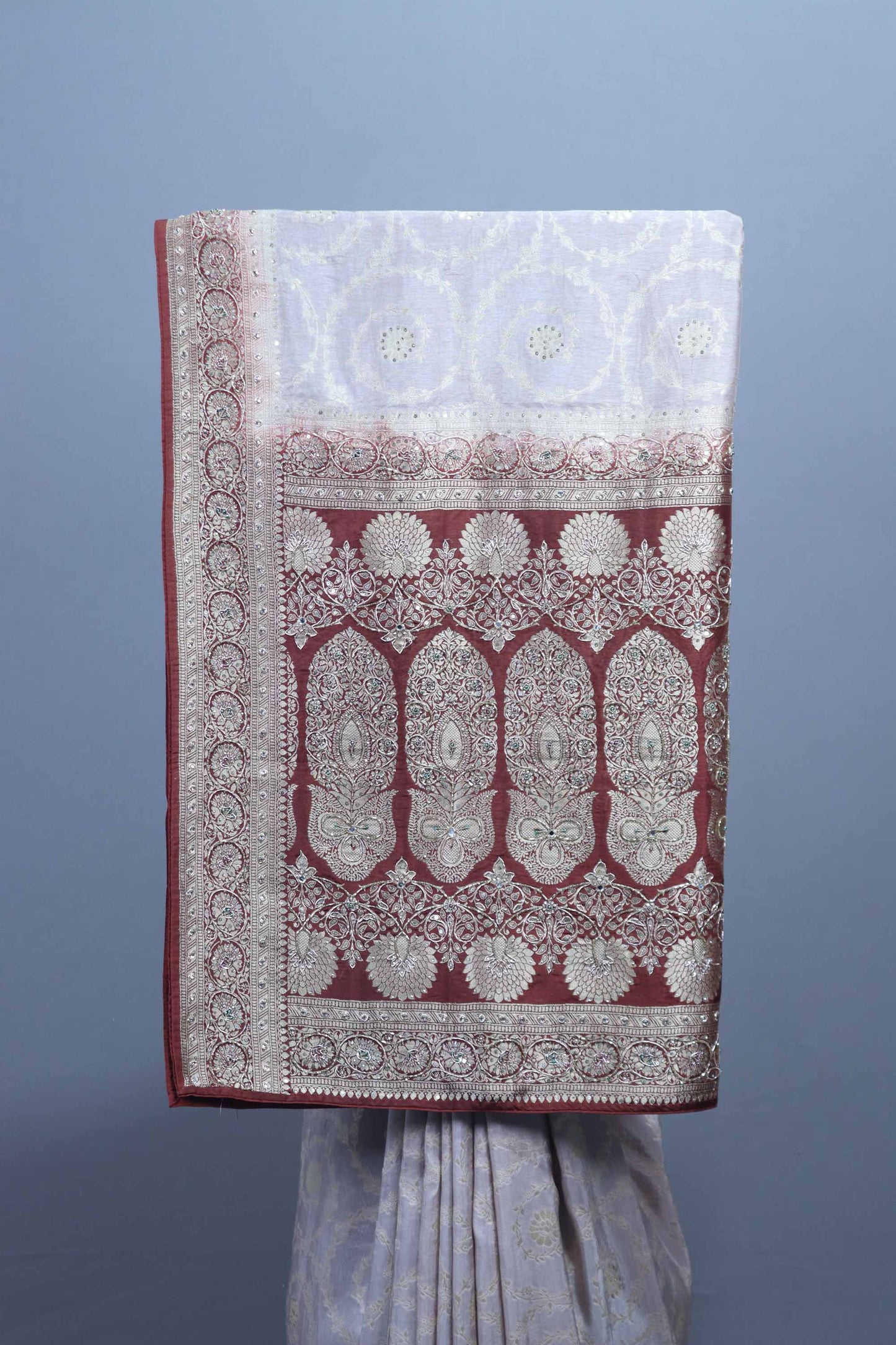 Off White Maroon Embroidered Chiffon Saree with Heavy Traditional Pallu