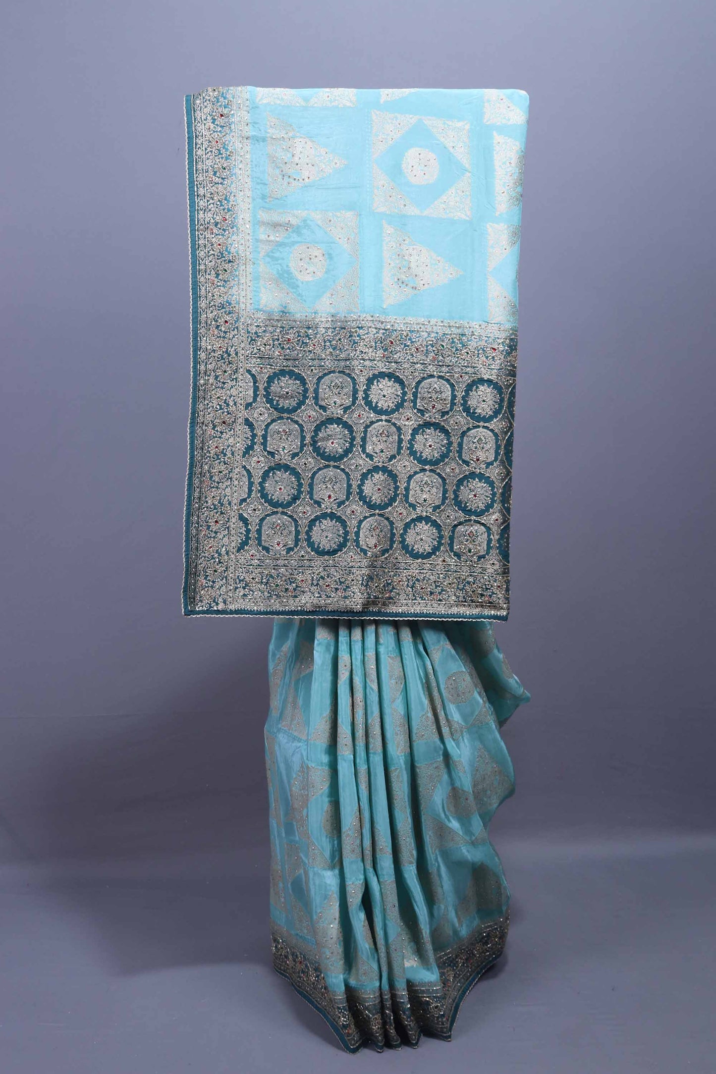 Sky Blue Embroidered Chiffon Saree with Heavy Designer Pallu 