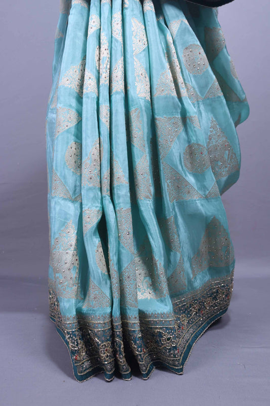 Sky Blue Embroidered Chiffon Saree with Heavy Designer Pallu