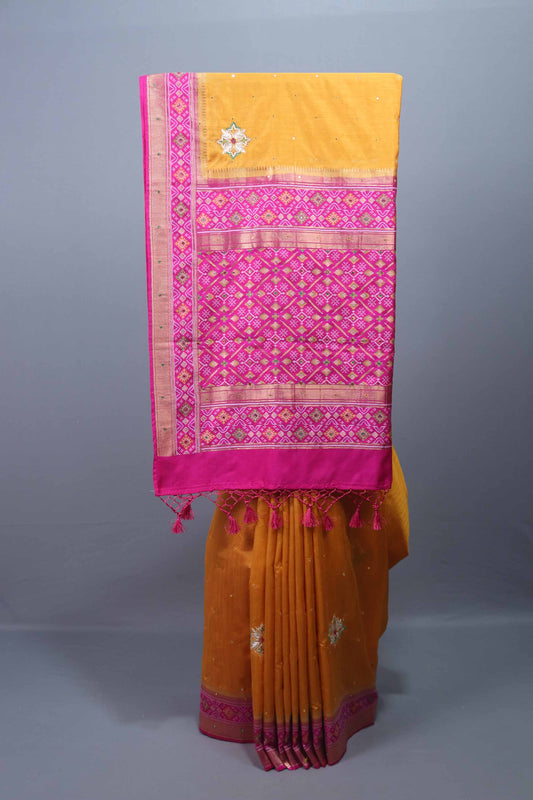 Mustard Yellow Silk Saree with Pink Woven Zari Border Tassels Pallu 