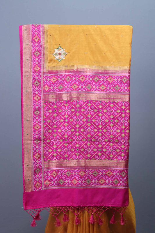 Mustard Yellow Silk Saree with Pink Woven Zari Border Tassels Pallu