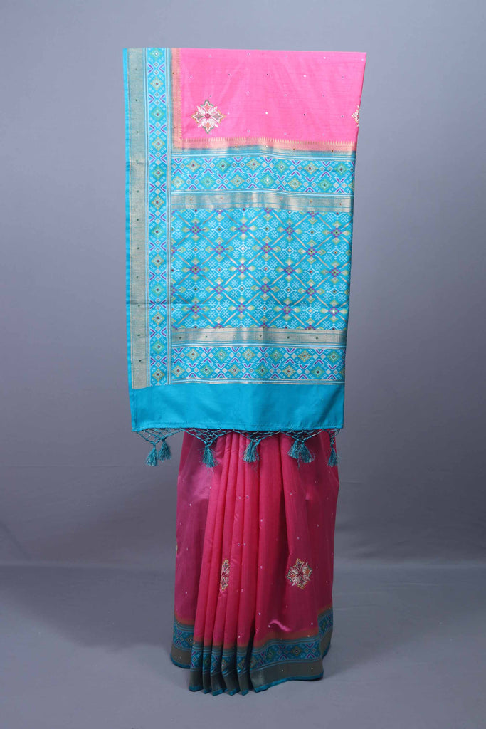 Pink Silk Saree with Turquoise Blue Woven Zari Border Tassel Pallu 