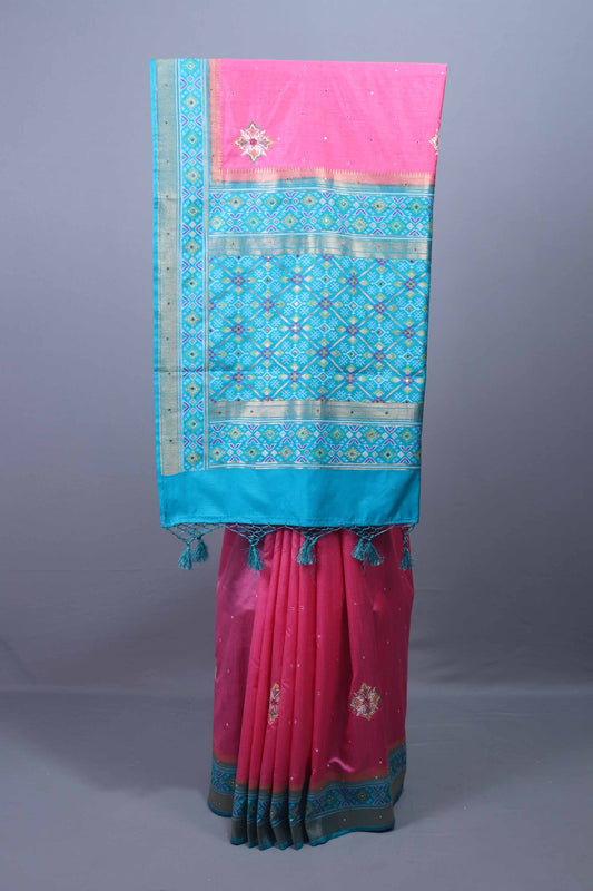 Pink Silk Saree with Turquoise Blue Woven Zari Border Tassel Pallu 