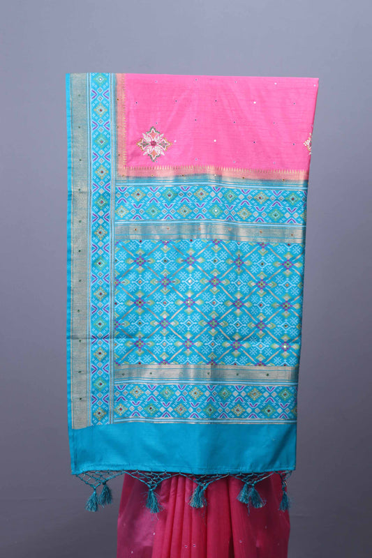 Pink Silk Saree with Turquoise Blue Woven Zari Border Tassel Pallu