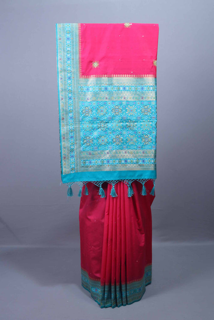 Deep Pink Silk Saree Turquoise Blue Zari Woven Border Tassel Pallu 
