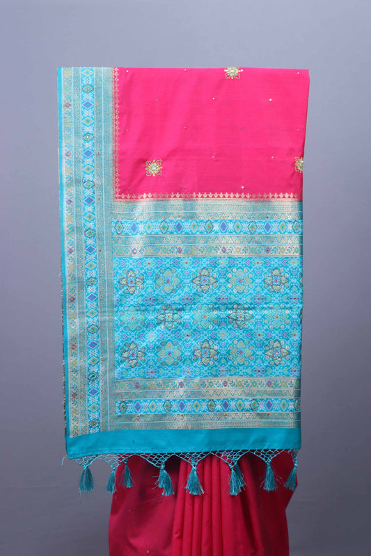 Deep Pink Silk Saree Turquoise Blue Zari Woven Border Tassel Pallu