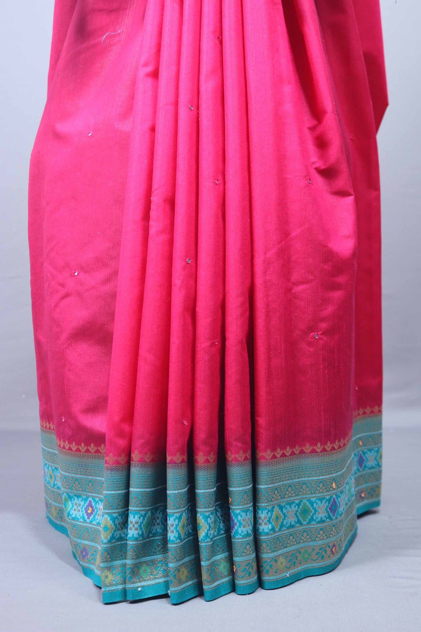 Deep Pink Silk Saree Turquoise Blue Zari Woven Border Tassel Pallu