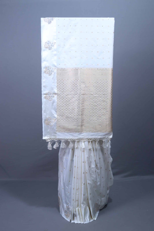 White Silk Saree with Gold Zari Woven Border, Butti Tassel Pallu 