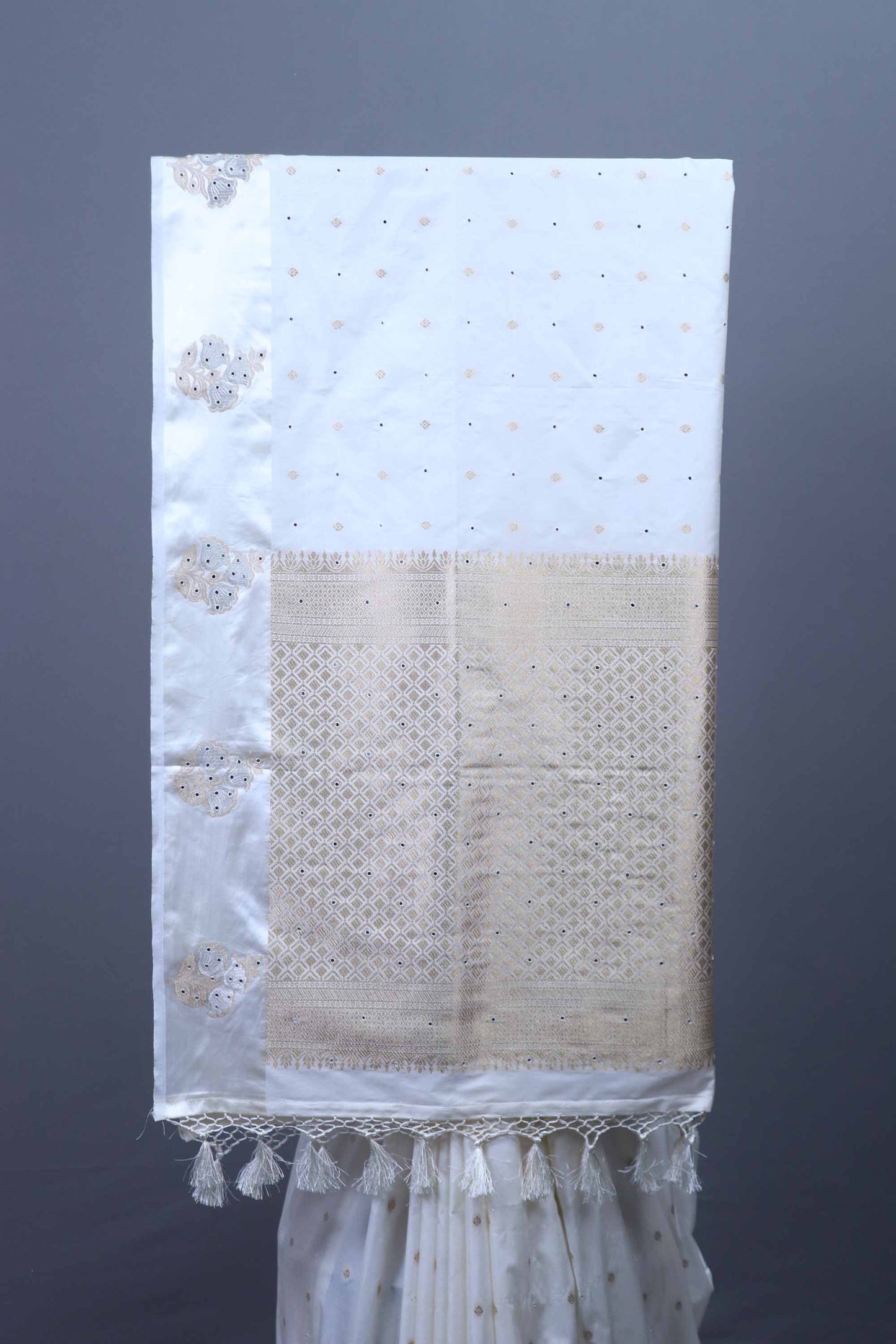 White Silk Saree with Gold Zari Woven Border, Butti Tassel Pallu