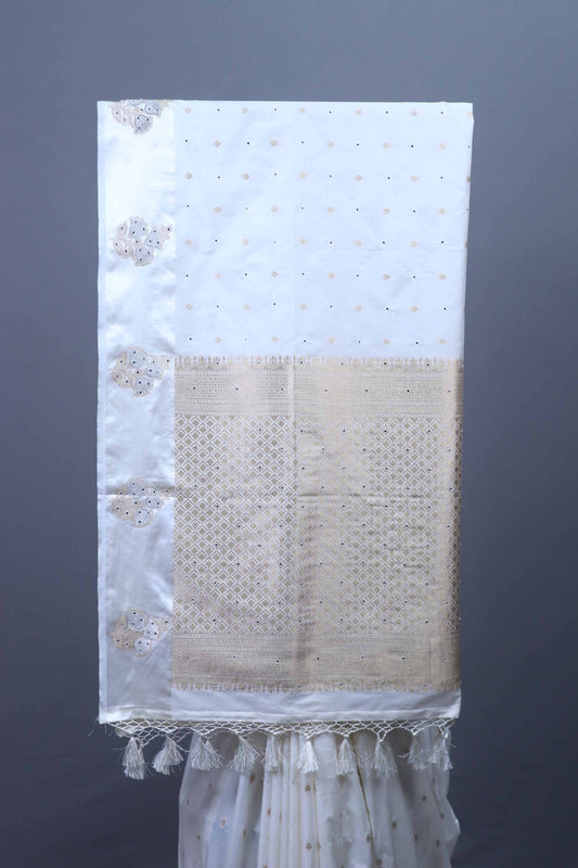White Silk Saree with Gold Zari Woven Border, Butti Tassel Pallu