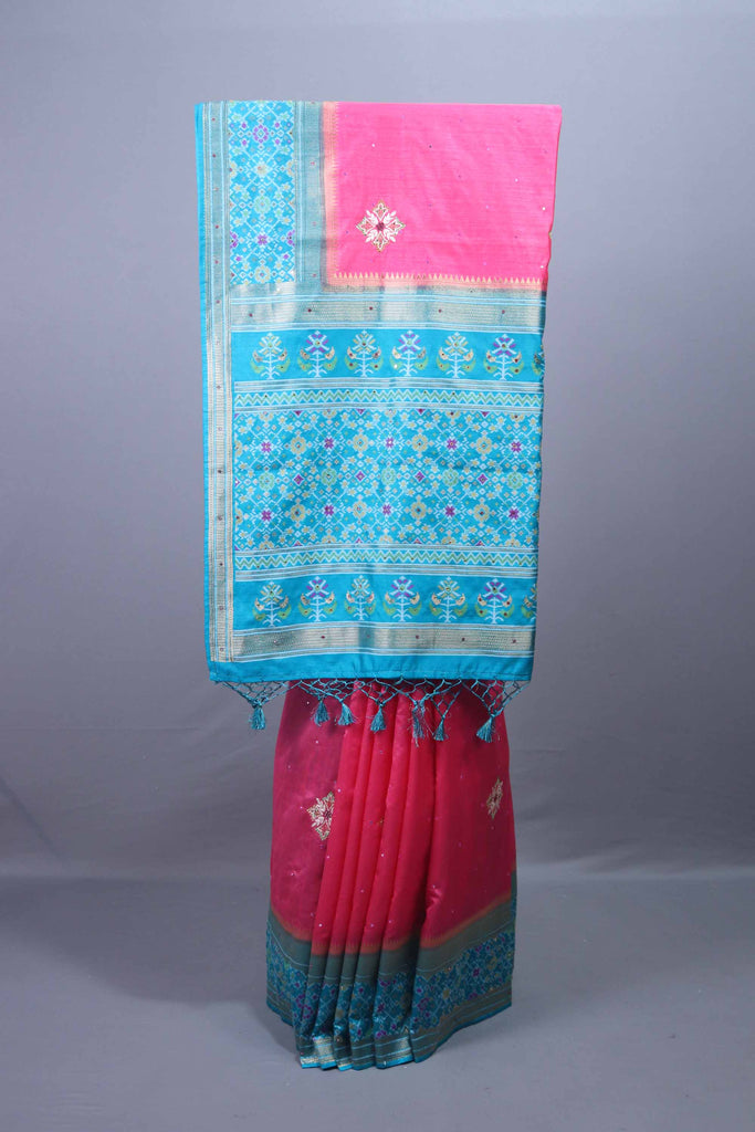Pink Silk Saree with Turquoise Blue Zari Woven Pallu, Border Tassels 