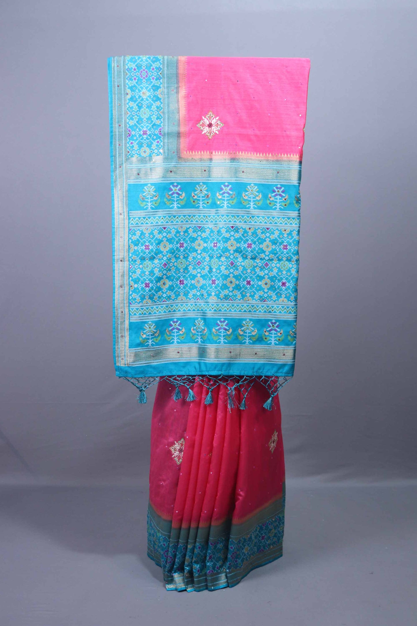 Pink Silk Saree with Turquoise Blue Zari Woven Pallu, Border Tassels 