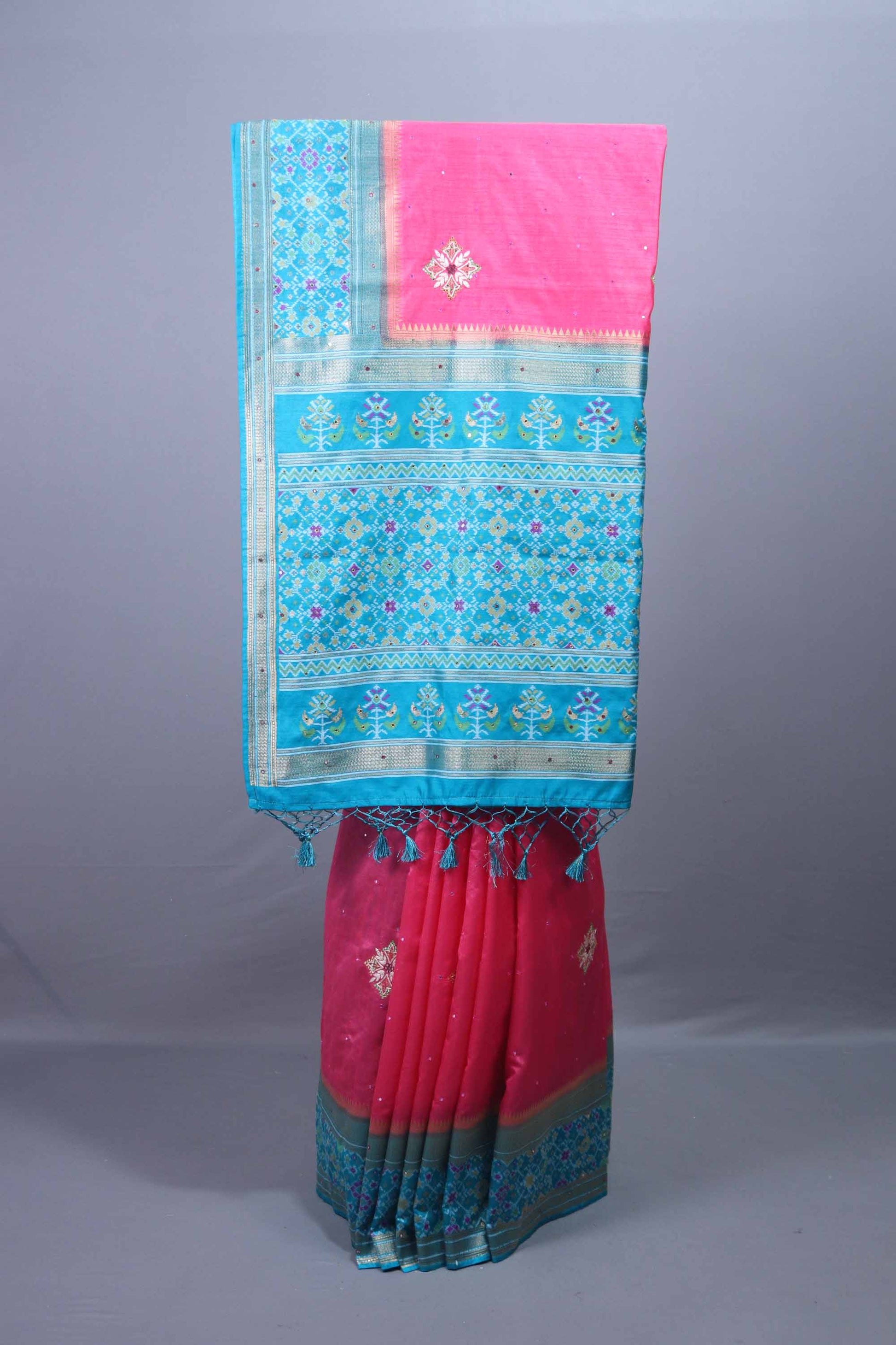 Pink Silk Saree with Turquoise Blue Zari Woven Pallu, Border Tassels 