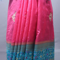 Pink Silk Saree with Turquoise Blue Zari Woven Pallu, Border Tassels