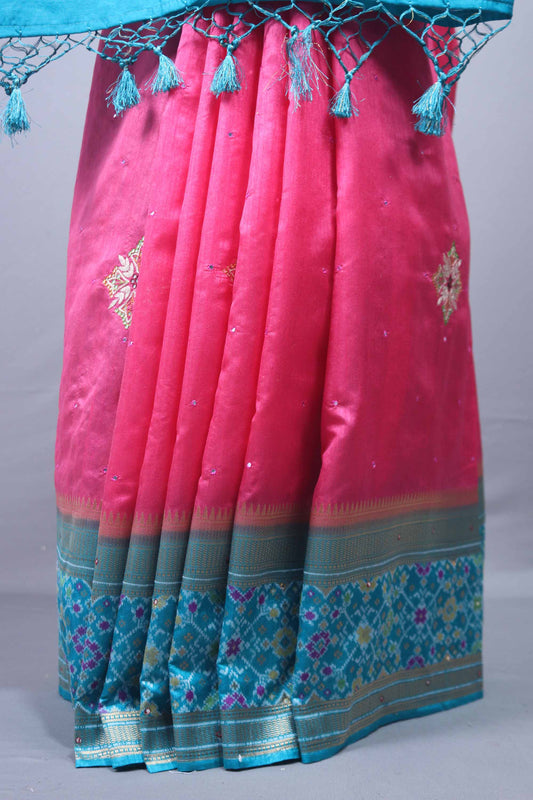 Pink Silk Saree with Turquoise Blue Zari Woven Pallu, Border Tassels