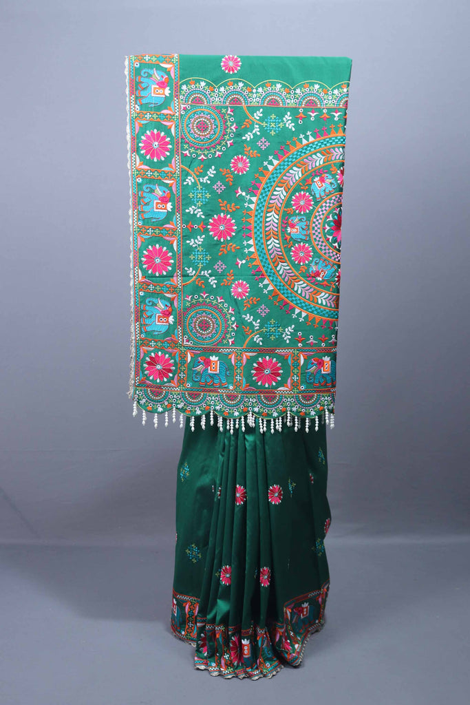 Green Embroidered Silk Saree with Motif Border Mirror Pearl Tassel Pallu 