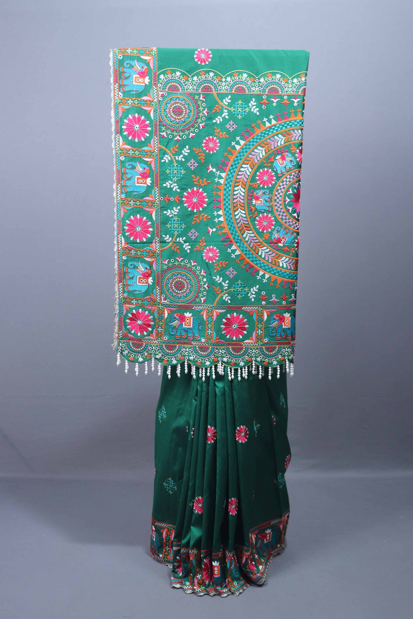 Green Embroidered Silk Saree with Motif Border Mirror Pearl Tassel Pallu 