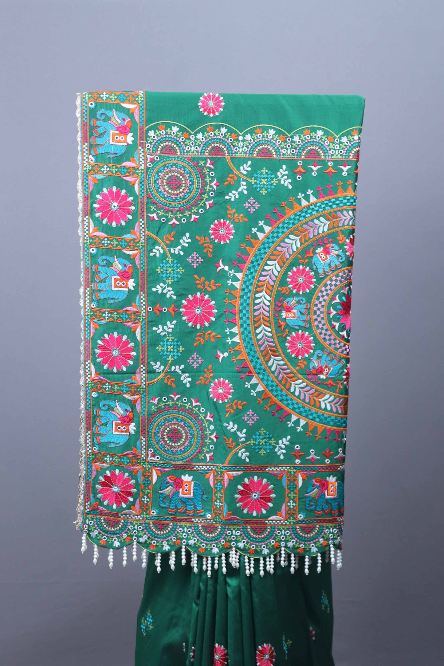 Green Embroidered Silk Saree with Motif Border Mirror Pearl Tassel Pallu