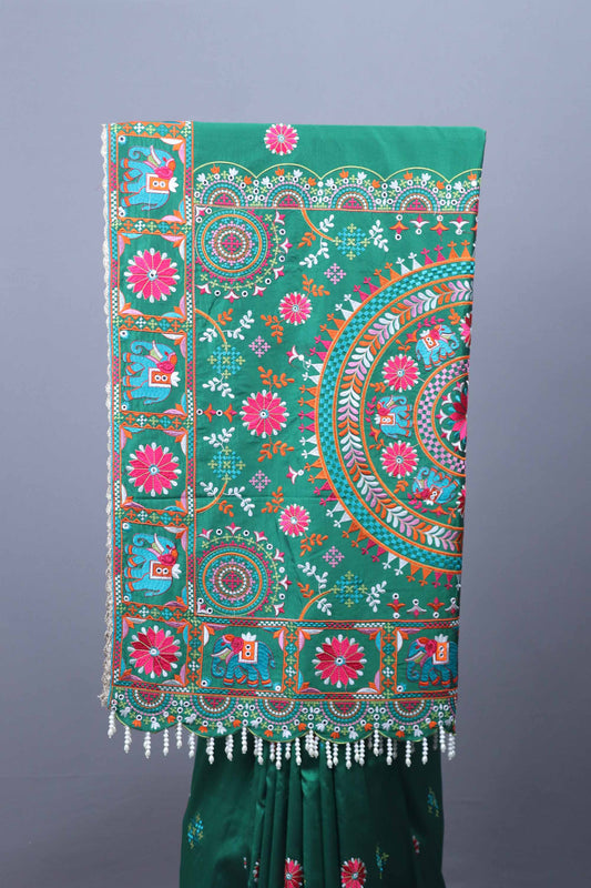 Green Embroidered Silk Saree with Motif Border Mirror Pearl Tassel Pallu