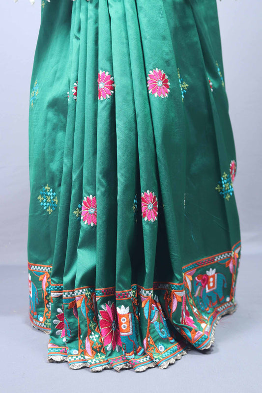 Green Embroidered Silk Saree with Motif Border Mirror Pearl Tassel Pallu