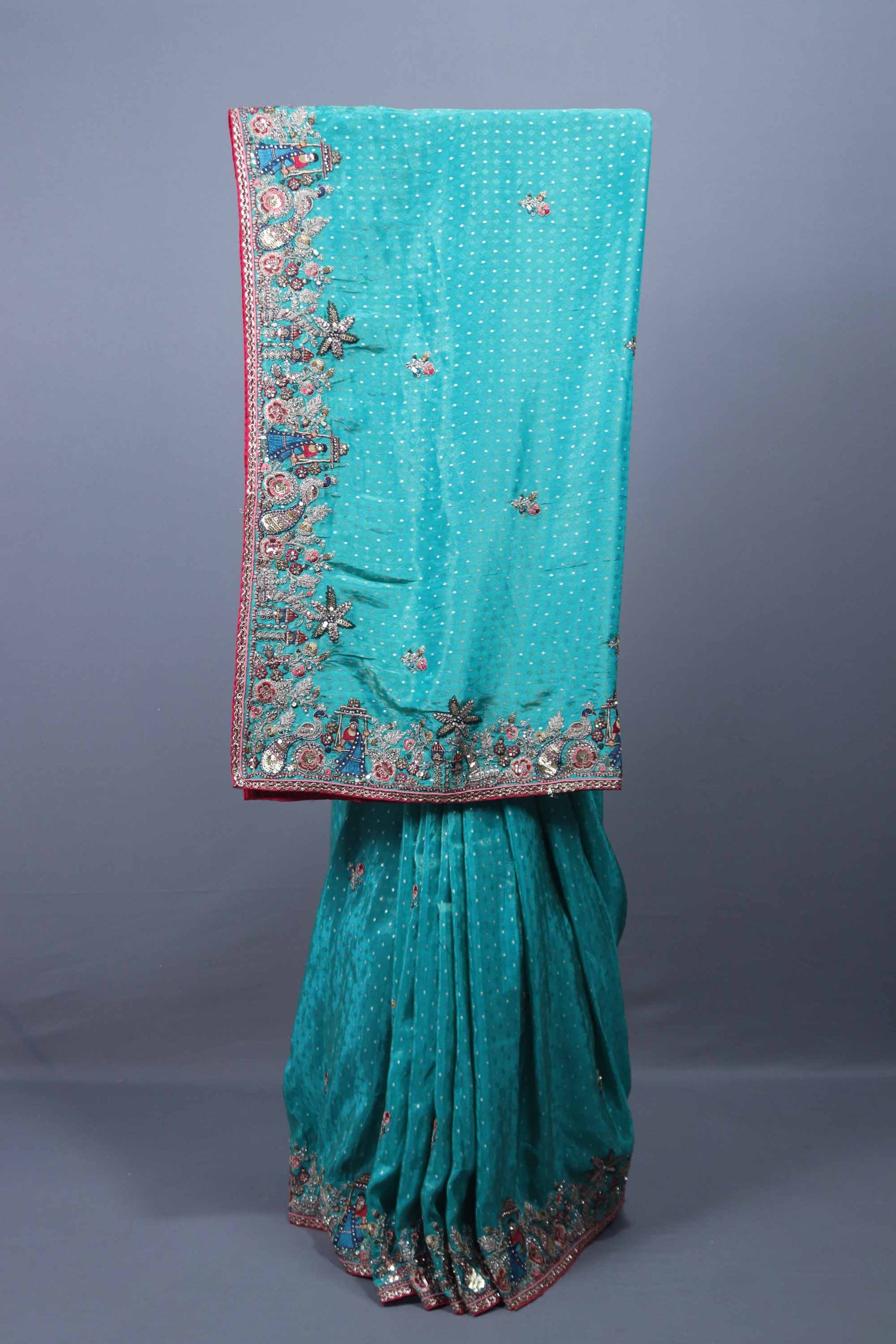 Teal Blue Embroidered Silk Saree Heavy Border Sequin Designer Pallu